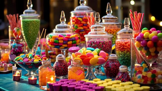 A vibrant party celebration with a colorful candy buffet featuring jars filled with sweets, candies, and treats, inviting guests to indulge in a delightful assortment after sunset