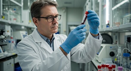 Scientist in lab coat examines blood sample in tube wearing gloves  glasses