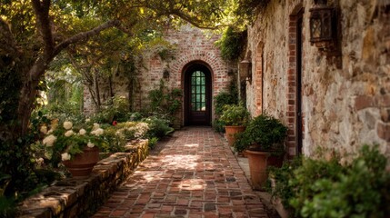 Fototapeta premium Brick path leading to arched doorway
