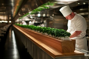 A chef carefully arranges a long row of sushi rolls topped with fresh green herbs in a modern kitchen.