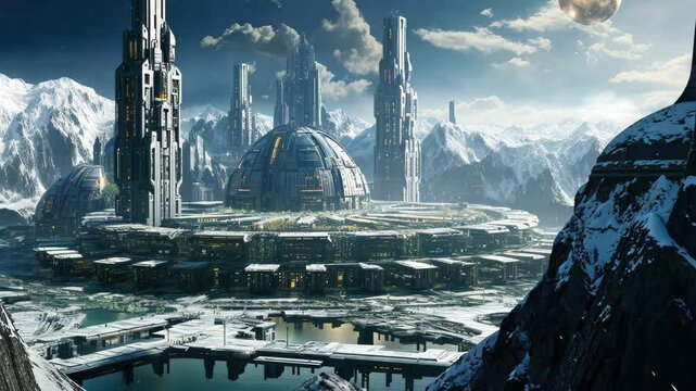 A technologically advanced civilization thrives on a distant planet under a starry sky, showcasing futuristic structures and a serene landscape during nighttime