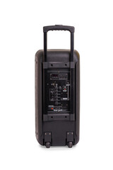 Audio loudspeaker box with clipping path isolated on white background. Black speaker cabinet amplifier. Rear view