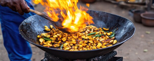 The chef cooking on the pan with fire feeling hot.