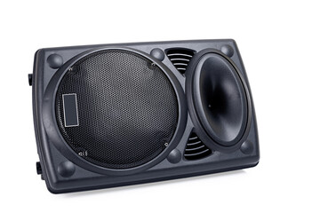 Audio loudspeaker box with clipping path isolated on white background. Black speaker cabinet amplifier
