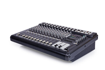 Audio sound mixer with clipping path isolated on white background. Side view