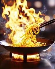 Stir-fried noodles being cooked in a flaming wok, with chopsticks lifting the noodles amidst vibrant flames.