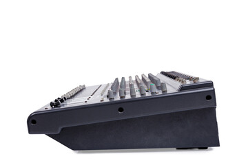Audio sound mixer with clipping path isolated on white background. Side view