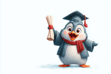 A cartoon penguin wearing a graduation cap and holding a diploma, Perfect for educational content, graduation themes, children’s materials, e-learning graphics, or winter-themed school illustrations
