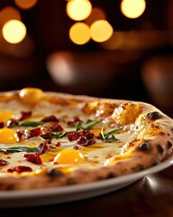 Close-up of a gourmet pizza topped with egg yolks, sun-dried tomatoes, and fresh spinach on a plate with warm bokeh lights in the background.