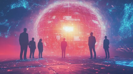 Silhouetted businesspeople observe a glowing, data-filled sphere symbolizing global connection and future technology.
