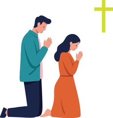 Man and Woman Kneeling in Prayer with Yellow Cross Christian Devotion Illustration 