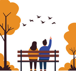 Fototapeta premium Couple sitting on park bench watching flying birds in autumn season with orange trees vector illustration 