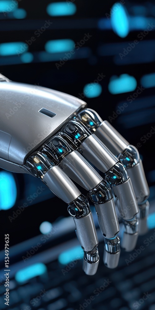Poster a close-up of a futuristic robotic hand with metallic fingers, highlighting advanced technology and 