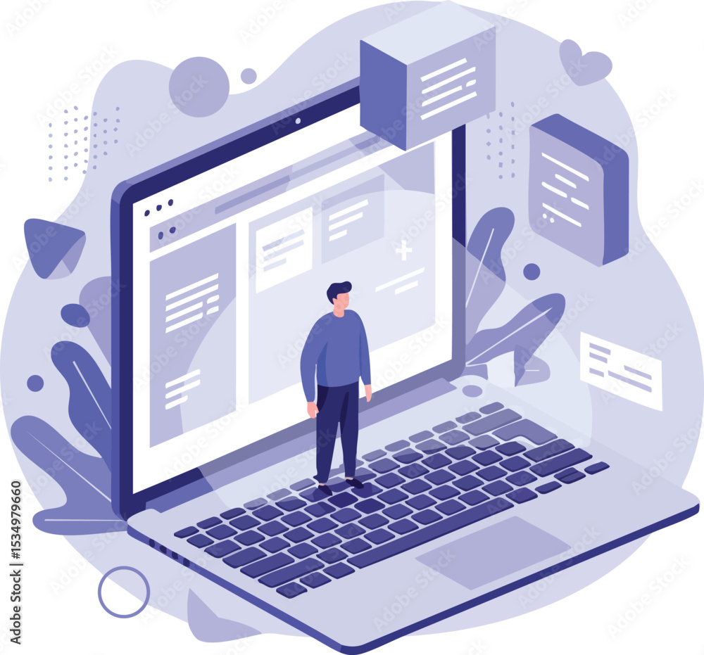 Fototapete man standing on large laptop keyboard with digital message boxes and abstract background in technolo