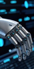 A close-up of a futuristic robotic hand with metallic fingers, highlighting advanced technology and artificial intelligence in a digital environment.
