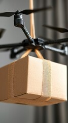A drone is shown carrying a cardboard package, highlighting modern delivery technology.