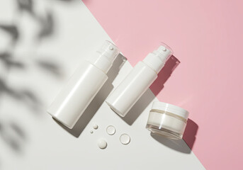 Skincare Essentials. Minimalist Beauty Flatlay. Pastel Skin Routine