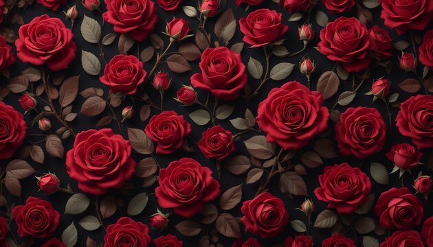 Seamless pattern of vibrant red roses with dark leaves on black background