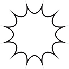This image displays a blank, white comic speech bubble, characterized by a jagged, spiky outline with a thick black border. 