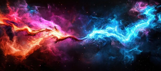 A vibrant cosmic swirl of red and blue nebulae collide in a dynamic, colorful space scene filled with glowing light and intricate gaseous textures.