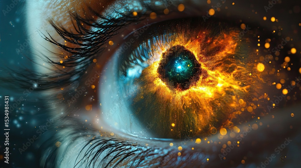 Poster human eye surrounded by abstract fractal patterns depicting vision, consciousness, and complexity