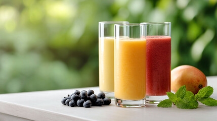 Refreshing fruit smoothies in vibrant glasses showcase nature's bounty at a sunny brunch gathering