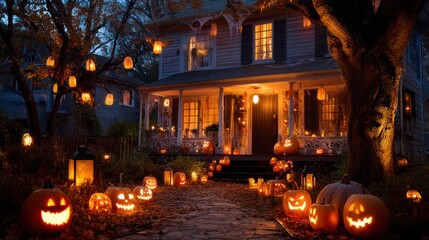 Decorated haunted Halloween house with glowing jack-oâ€™-lanterns