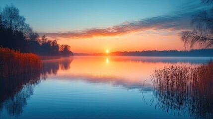 Fototapeta premium Idyllic Sunrise Reflecting on Calm Water Body Surrounded by Nature Creating Peaceful Morning Landscape Atmosphere 