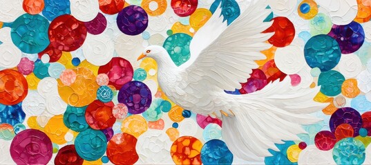 A white dove in flight surrounded by colorful, textured circular patterns on a vibrant abstract background.