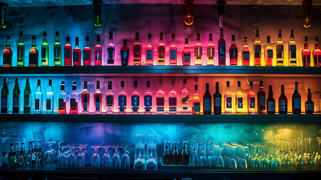 Colorful liquor bottles on illuminated bar shelves with neon lights