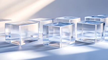 Transparent Glass Cubes Arranged in a Row with Soft Lighting