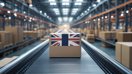 Cardboard box with UK flag on conveyor belt in warehouse. (1)