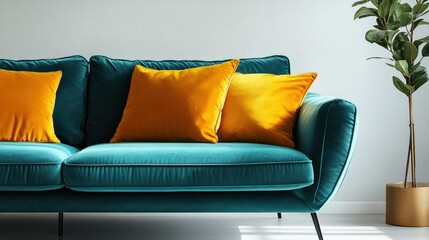 Teal velvet sofa with mustard pillows in modern living room
