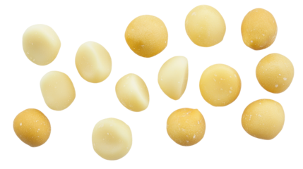 Assorted Macadamia Nuts on Transparent Background Displaying Different Textures and Colors
