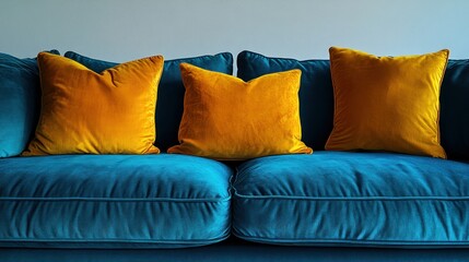 Teal velvet sofa with mustard yellow pillows