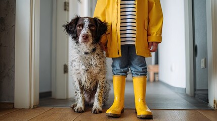 Fototapeta na wymiar Smiling child wearing yellow raincoat and muddy boots with dog indoors