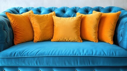 Teal velvet sofa with orange pillows