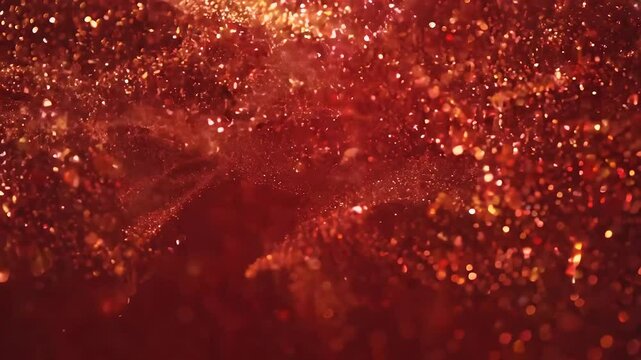 Glimmering red glitter particles scatter dark surface catching reflecting light shimmer different sizes 4K loop evokes celebration glamour perfect festive title screens holiday event promos elegant