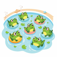 Obraz premium Happy frogs enjoying a pool party on lily pads, summer fun