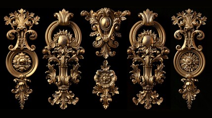 assortment of intricately crafted golden ornamental decor elements, showcasing luxurious and elegant designs