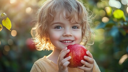 Kid eats red apple outdoors in sunny garden, healthy snack, child nutrition and natural lifestyle concept  