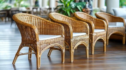 Obraz premium Three wicker chairs lined up, light beige cushions