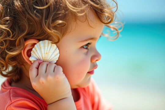 Family summer child listening to seashell by the beach