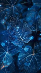 Delicately veined blue leaves shimmer with a magical glow, creating an enchanting, ethereal atmosphere.  