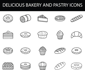 Bakery and Pastry Icon Set | Cakes, Bread, Donuts, Muffins, Sweets Vector