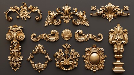 assortment of intricately crafted golden ornamental decor elements, showcasing luxurious and elegant designs