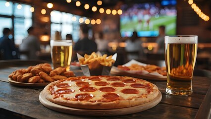 Delicious pepperoni pizza, fries, and beer served at a cozy sports bar during a live game