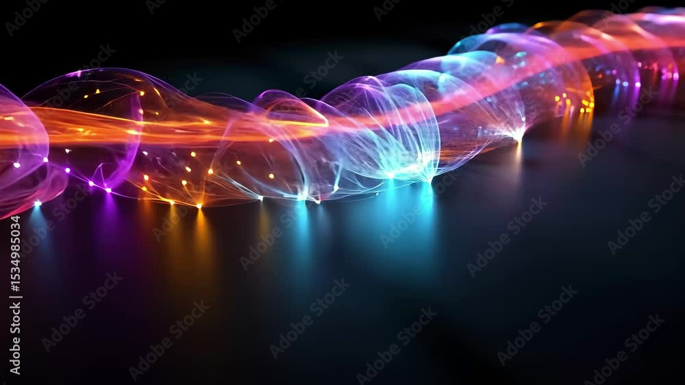 Poster visualization of videons traversing through a medium, exhibiting wave-like behavior and colorful pat