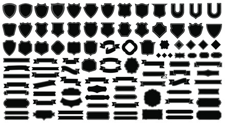 A Collection of Black and White Vector Graphics of Shields Badges Ribbons and Other Design Elements