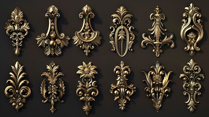 assortment of intricately crafted golden ornamental decor elements, showcasing luxurious and elegant designs
